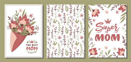Set of vector floral postcards for Mother's day. Bouquet of flowers. Floral vector background. Super mom handwritten lettering with flowers and branches. For greeting cards, posters, invitations