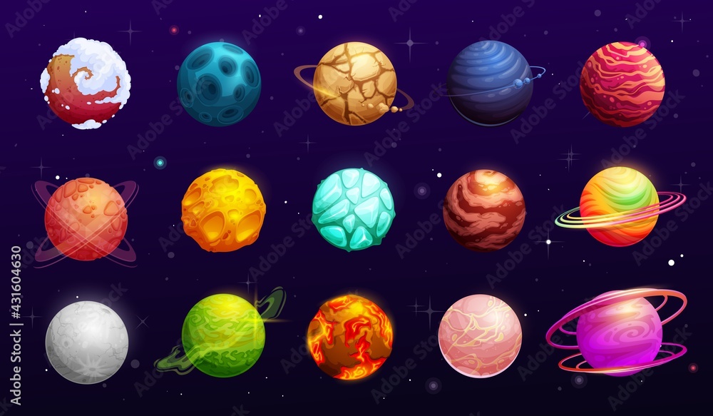 Poster fantasy space planets of cartoon alien galaxy, vector ui or gui for space games. fantastic universe 