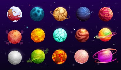 Fantasy space planets of cartoon alien galaxy, vector ui or gui for space games. Fantastic universe dark cosmos, another world planets and stars with asteroids, halo, meteors and clouds on orbits © Vector Tradition
