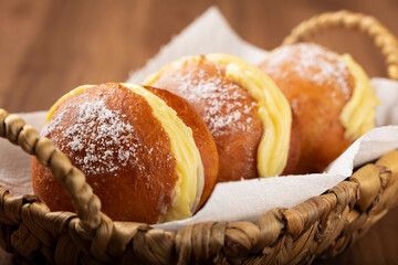 Berlin balls. Bread stuffed with icing cream.