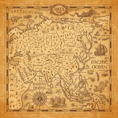 Obraz na płótnie Canvas Vintage map of Asia, vector ancient parchment with asian continent with mountain ranges, rivers and lakes names, ocean wind rose, mythological sea beasts, ship, medieval territory on aged old paper