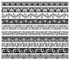 Floral embellishments and borders with vector flower ornaments. Ornate floral decorations with flower garlands and vines, leaf scrolls, flourishes, bud and blossom bunches, plant and herbal branches