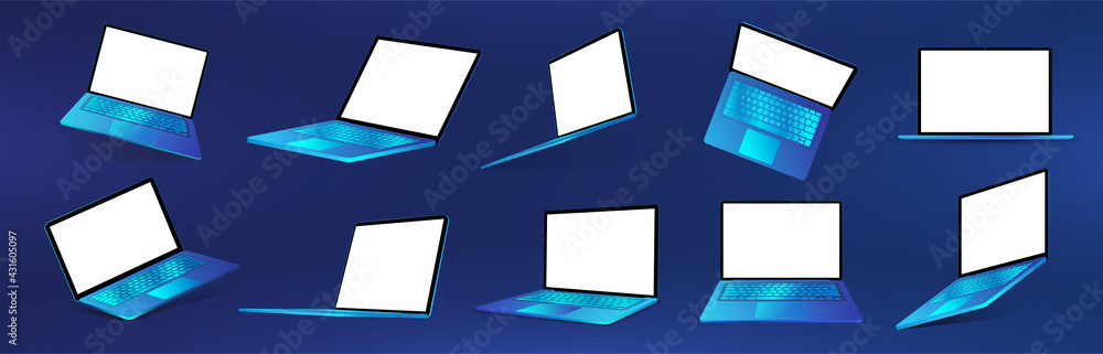 Poster futuristic blue laptop collection. 3d realistic gadgets with futuristic colors. laptops, netbooks in