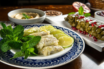 Traditional Middle Eastern food. Lebanese food. Arabian Stuffed Grape Leaves with Pomegranate seeds, Hummus, cabbage malfuf
