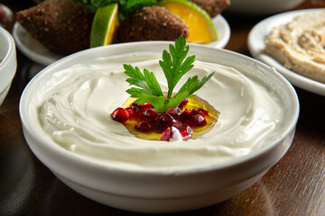 Traditional Middle Eastern food. Lebanese food. Arabian labneh yogurt with Pomegranate seeds