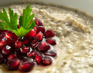 Traditional Middle Eastern food. Lebanese food. Arabian Baba Ghanoush with Pomegranate seeds....