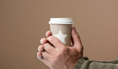 thermal glass with star and lid in hand, brown background