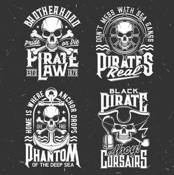 Pirate and corsair skulls t-shirt print vector templates. Apparel custom design print with filibuster skull, smoking pipe and hand hook, bones, pirate ship steering wheel and anchor, retro typography