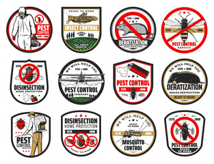 Naklejka premium Pest control isolated icons with vector pest bugs and insects, insecticide and exterminator, cockroach, mosquito and fly, ant, mite, spider and flea, rat, mouse, termite. Pest control service design