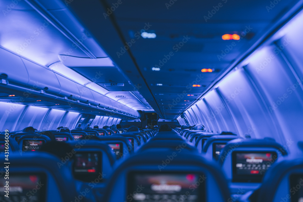 Wall mural interior of an airplane color blue