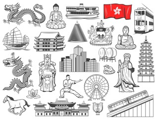 Hong Kong landmarks, touristic attractions and religion vector icons. Hong Kong city flag, coat of arms and dragon, Buddha, sea goddess and tram, ferris wheel, bauhinia and pagoda, Buddhist temple - obrazy, fototapety, plakaty
