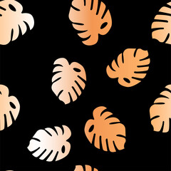 Vector seamless pattern with golden monstera leaves Glowing lush palm leaves on black background