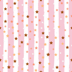Vector illustration with cute gold seamless pattern Many small star confetti on striped pink and white background