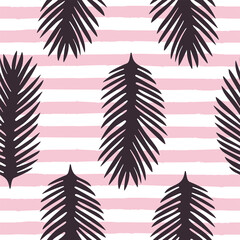 Cute palm leaf seamless pattern Vector illustration Tropical lush foliage on pink and white striped background