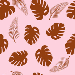 Obraz premium Gold palm leaves Vector seamless pattern Different tropical foliage on light pink background
