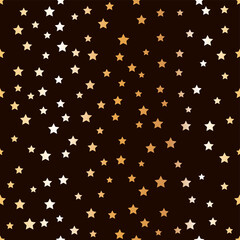 Seamless gold pattern Vector illustration Small glowing confetti in star shape on dark background
