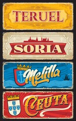 Teruel, Soria, Melilla and Ceuta Spanish province vector plates. Autonomous city of Spain vintage banners and tin signs with coat of arms, crowns and shields, castle, fortress walls, ship and anchor
