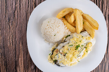 Dish Made - Eggplant Lasagna with White Sauce and Cheese, Rice and Rustic Potato