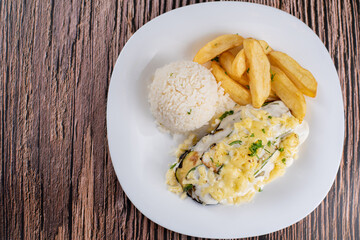 Dish Made - Eggplant Lasagna with White Sauce and Cheese, Rice and Rustic Potato
