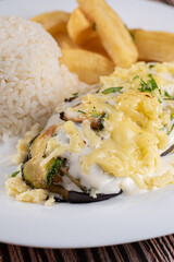 Dish Made - Eggplant Lasagna with White Sauce and Cheese, Rice and Rustic Potato