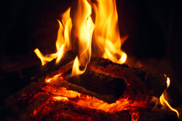 A fire burns in a fireplace, Fire to keep warm. Logs burning in