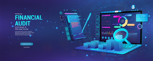 Financial audit web page banner. Modern financial management. Business account tax report, laptop with graphic and charts, documents. Financial audit, business account tax report. Vector Banner