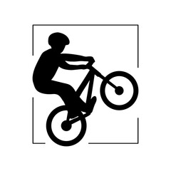 Black silhouette of biker jumping. Stunt bike vector. Outdoor activity. Extreme sport rider. Freestyle cyclist illustration.