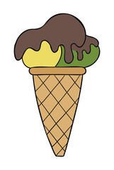 Cartoon vector illustration of cone ice cream with chocolate sauce on top.