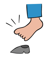Cartoon vector illustration of man's big foot and small shoes.