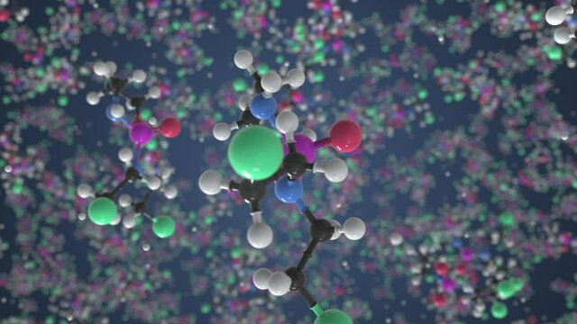 Molecule of Cyclophosphamide. Molecular model, looping seamless 3d animation