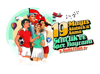 First president of Turkey Mustafa Kemal Atatürk while looking to the future with Turkish youth. (translate: Happy 19 May the commemoration of atatürk, youth and sports day