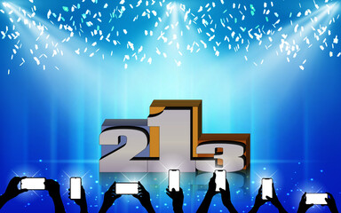 Creative illustration. Winners podium with falling golden confetti and Hands taking picture. Championship podium scene.