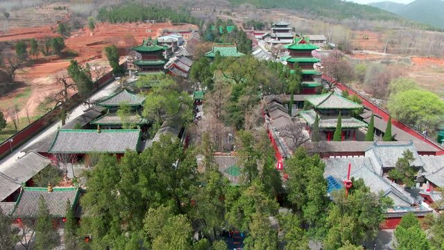 Aerial photography of Shaolin Temple, the birthplace of Chinese Kung Fu，
Aerial photo of Shaolin Temple in Songshan, Henan, China