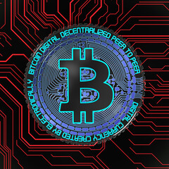 Blue light emitting bitcoin symbol. 3d rendered image
