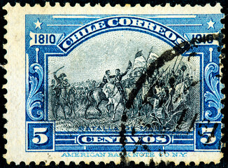 stamp printed in Chile shows the Battle of Maipo, in the series belonging to the Centennial of...