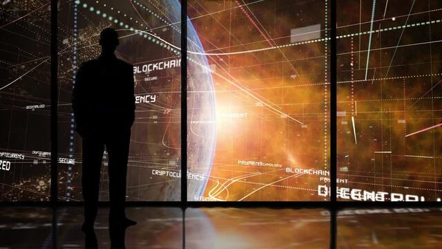 Man looking at crypto blockchain decentralized world