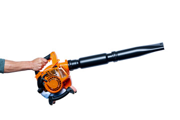 Close up hand holding a Garden blower isolated on white background. Worker with a leaf blower. Leaf...