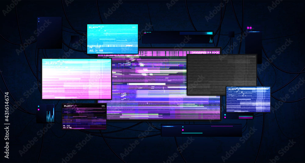 Poster Futuristic server room with screens glitch effect. Dark cyberspace with burning monitors, wires and working equipment. Cyberpunk server room with monitors. Hacking and cyber protection concept. Vector