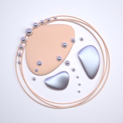 A beautiful abstract composition with pearls, a drop of beige cream and silver figures inside a ring frame on a white background. Top view. 3d illustration