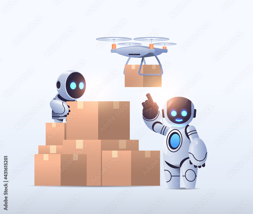 Poster robots couriers near cardboard boxes air mail drone fast delivery service technological shipment art