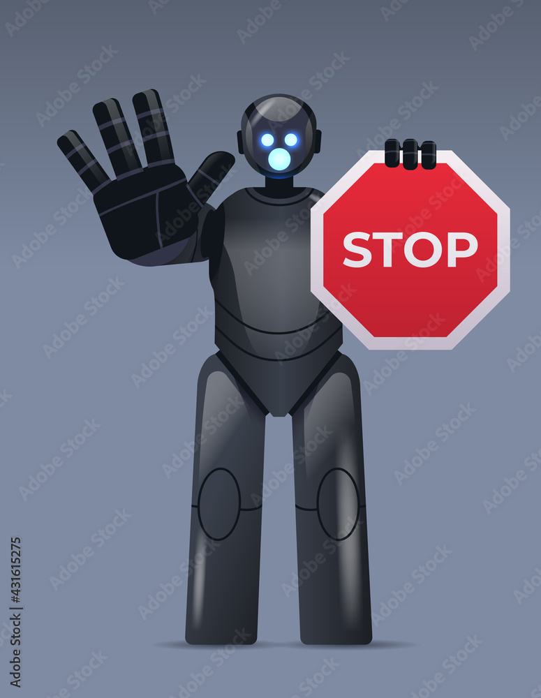 Poster robot cyborg holding red stop sign robotic character showing no entry hand gesture artificial intell