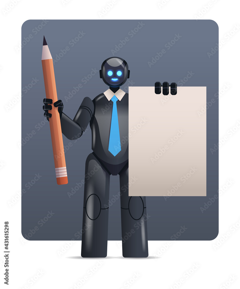 Poster black robot cyborg holding notepad and pencil robotic character artificial intelligence technology c