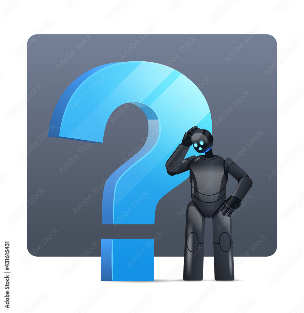 Poster frustrated black robot cyborg standing near question mark help support service faq problem artificia