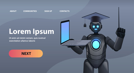 black robot teacher in graduation cap holding laptop online education artificial intelligence concept