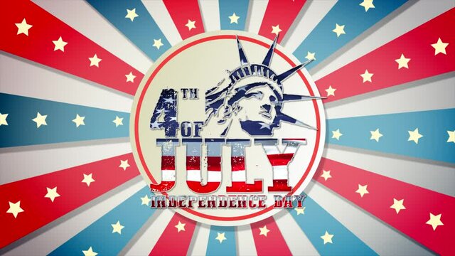 Vibrant, clean, animated motion graphic celebrating the 4th of July, with central Statue of Liberty design, incoporating animated Star Spangled Banner, in patriotic red, white and blue