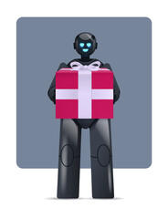 black robot holding wrapped gift box birthday or holiday celebration artificial intelligence concept