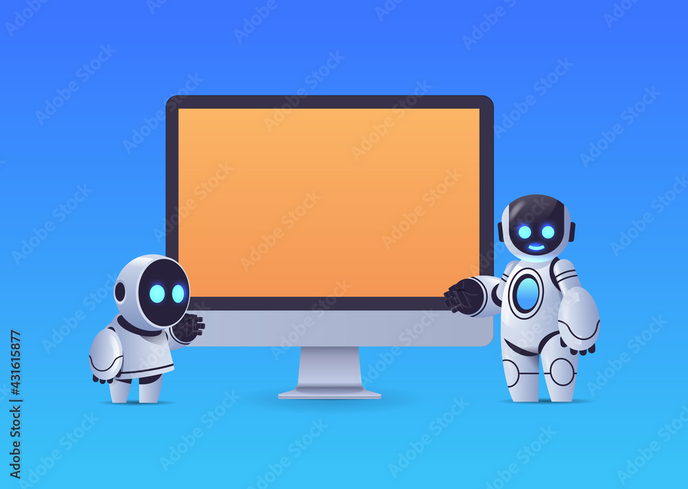Poster modern robots standing near computer monitor with blank screen robotic character artificial intellig