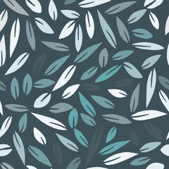 Seamless baby pattern with green gray and white hand drawn leaves on a dusty green background. The pattern can be used for wrapping papers, cards, wallpapers, covers, textile prints. Vector, eps 10.