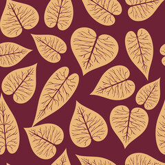 Seamless elegant pattern with golden hand drawn leaves on a dark burgundy red background. The pattern can be used for wrapping papers, cards, wallpapers, covers, textile prints. Vector, eps 10.