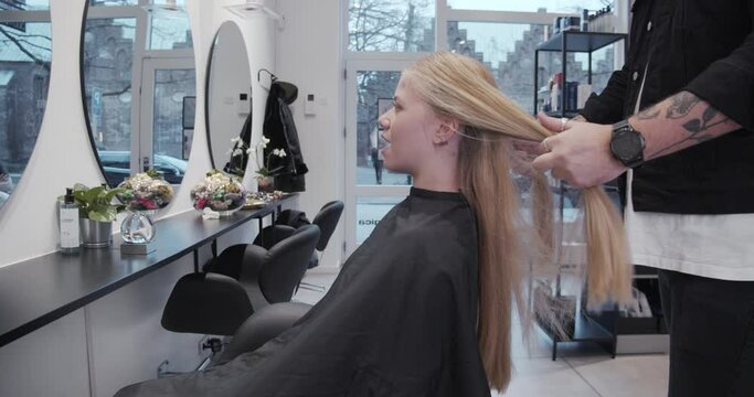 Hairdresser Moving Hands Through Woman'S Hair